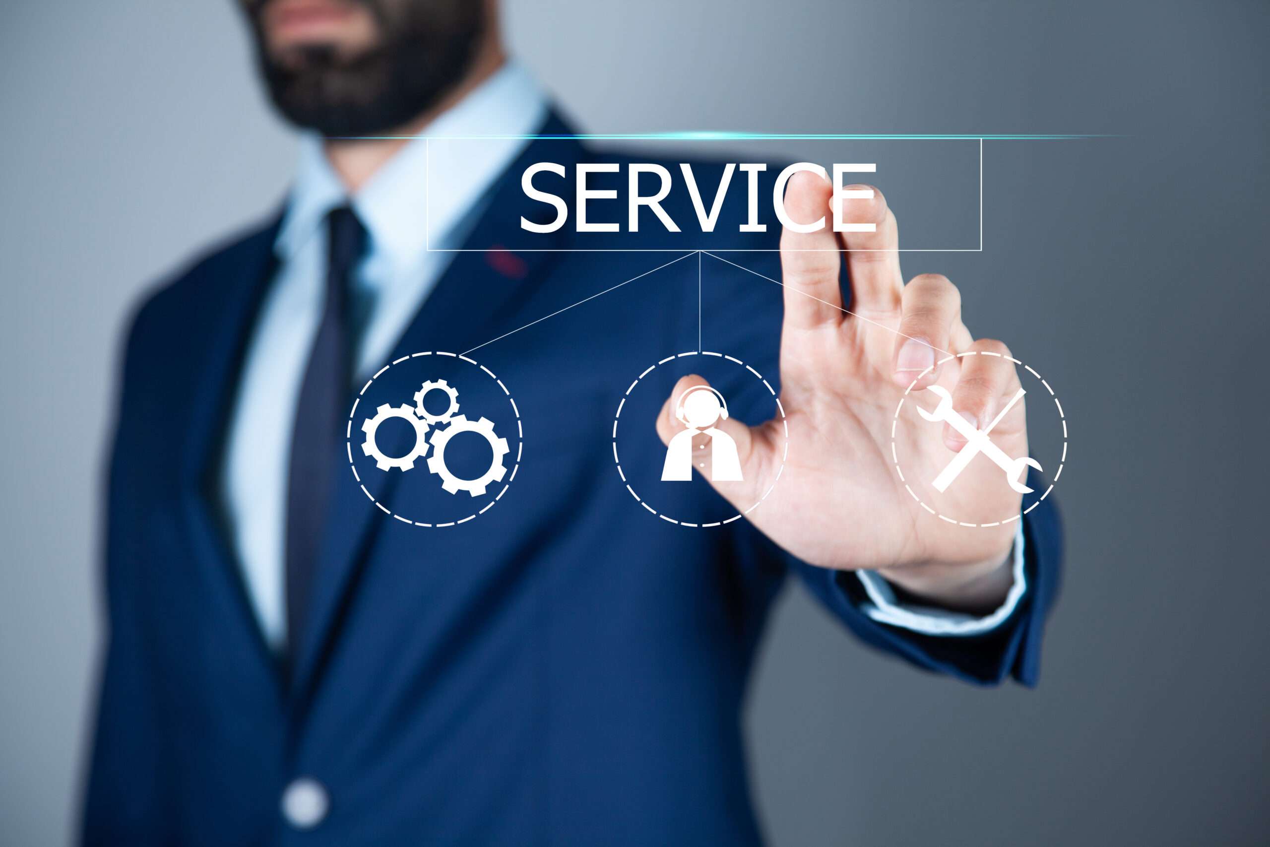 business man touching service in screen